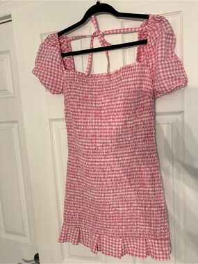 Guess Pink Gingham Smocked Mini Dress with Puff Sleeves